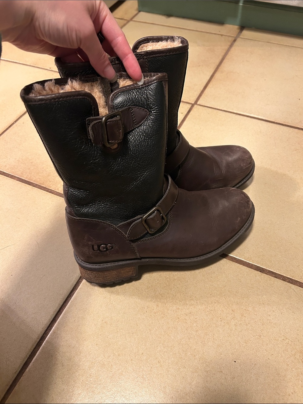 UGG Dark Brown Leather Shearling-Lined Buckle Boots. Women’s size 7.5.